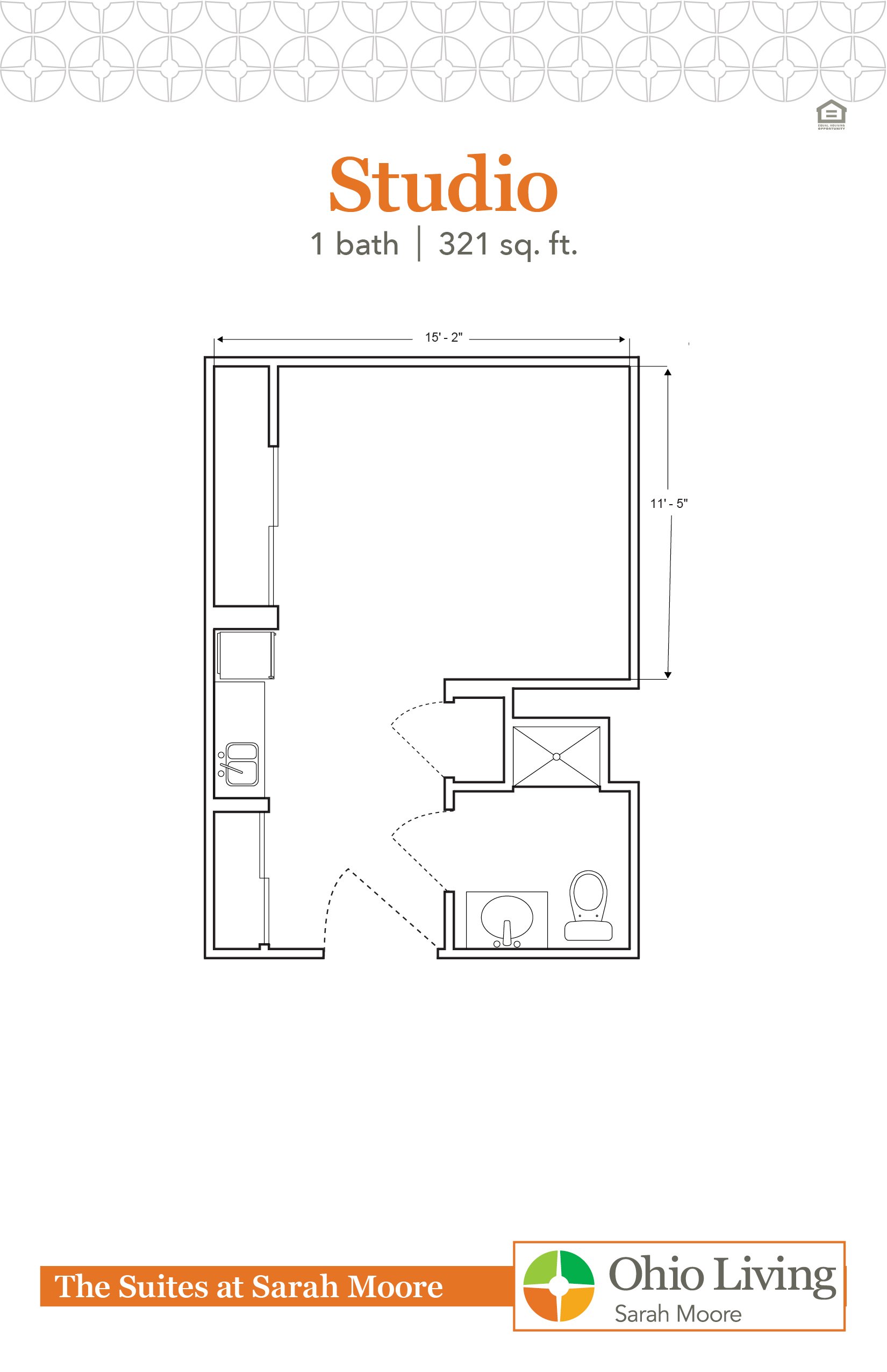 Studio floor plan, 321 sq ft, showing open living/sleeping area with labeled dimensions. The Suites at Sarah Moore.