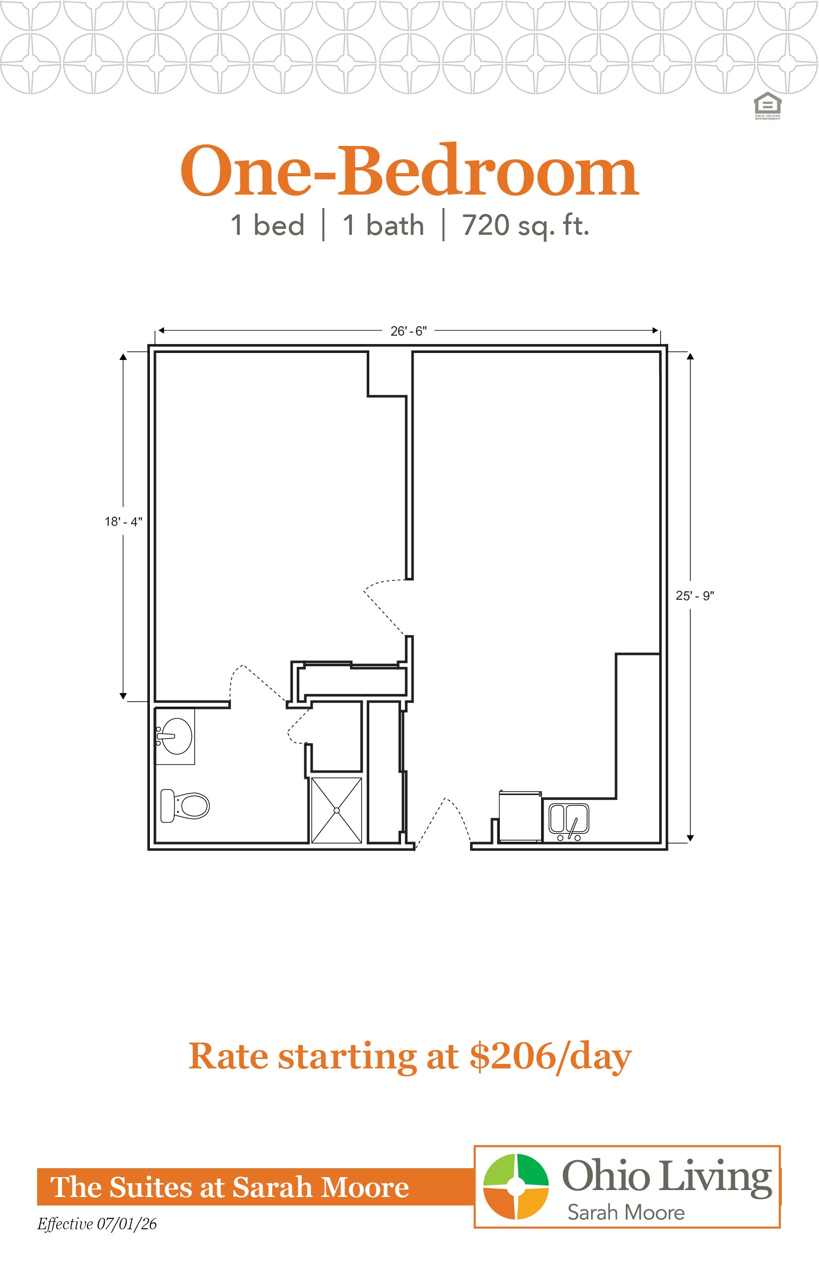 One‑Bedroom floor plan, 720 sq ft, showing bedroom, living area, and labeled dimensions. Rate starting at $206/day.