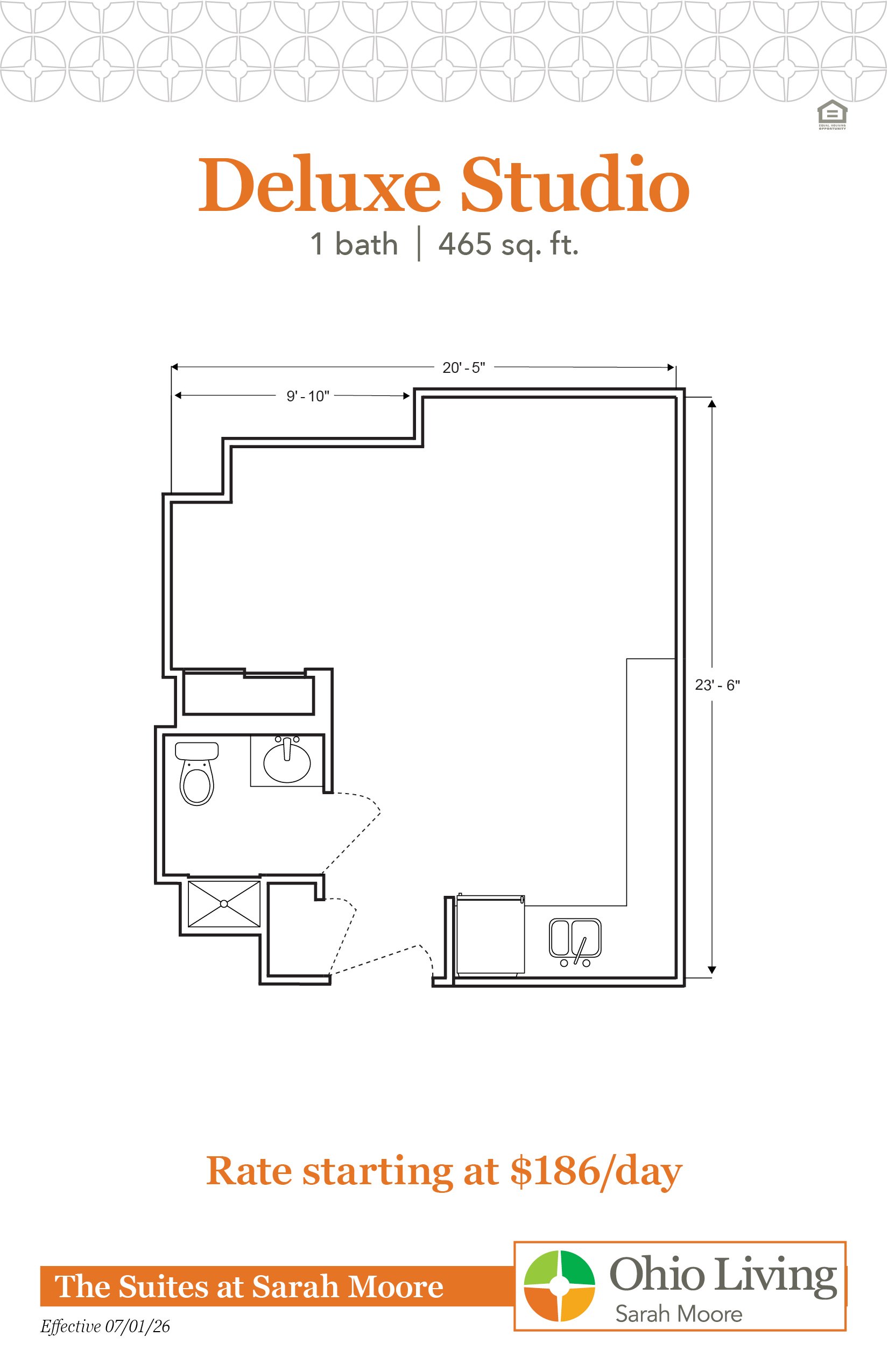 Deluxe Studio floor plan, 465 sq ft, showing expanded living/sleeping area with labeled dimensions. Rate starting at $186/day.