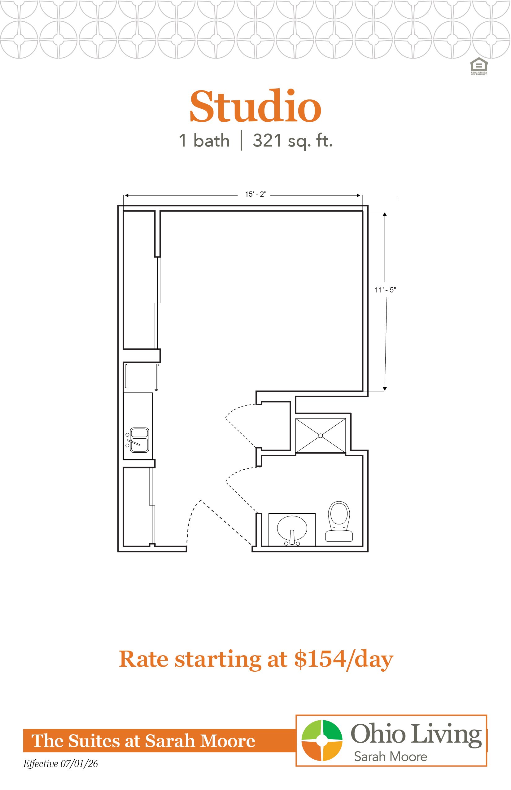 Studio floor plan, 321 sq ft, showing open living/sleeping area with labeled dimensions. Rate starting at $154/day.