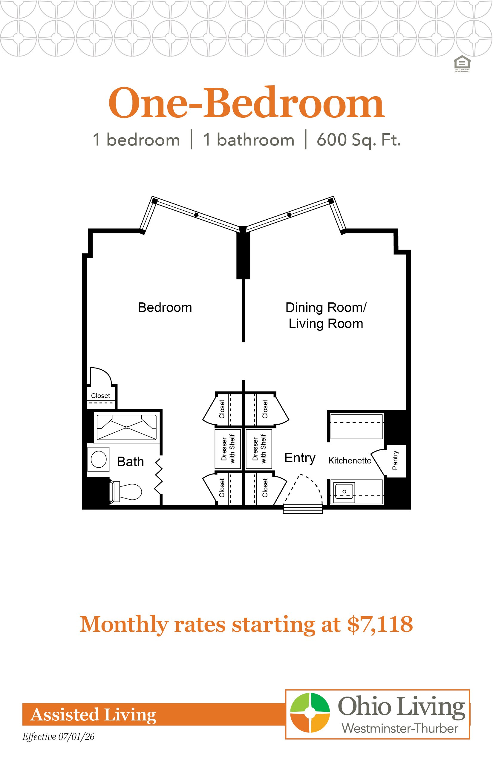 Floor plan of a 600 sq. ft. assisted living one‑bedroom, one‑bath apartment with living/dining area, kitchenette, pantry, dresser shelves, and multiple closets. Monthly rates start at $7,118.