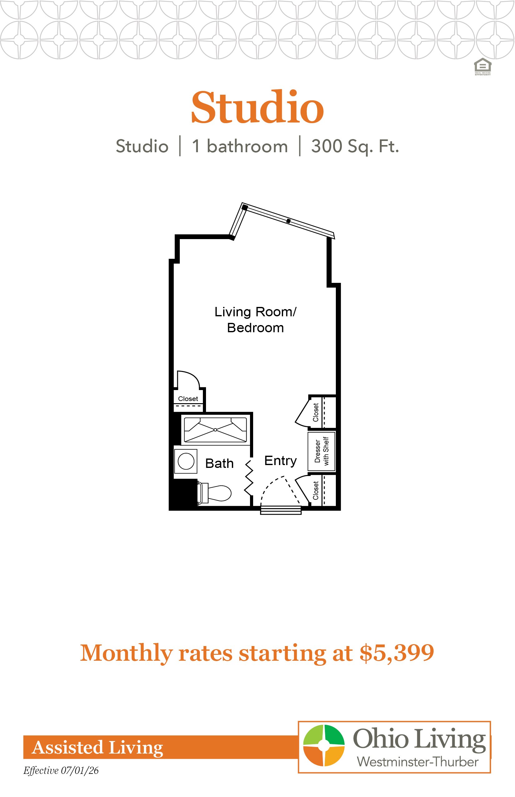 Floor plan of a 300 sq. ft. assisted living studio with combined living/bedroom space, bath, entry, dresser shelves, and closets. Monthly rates start at $5,399.