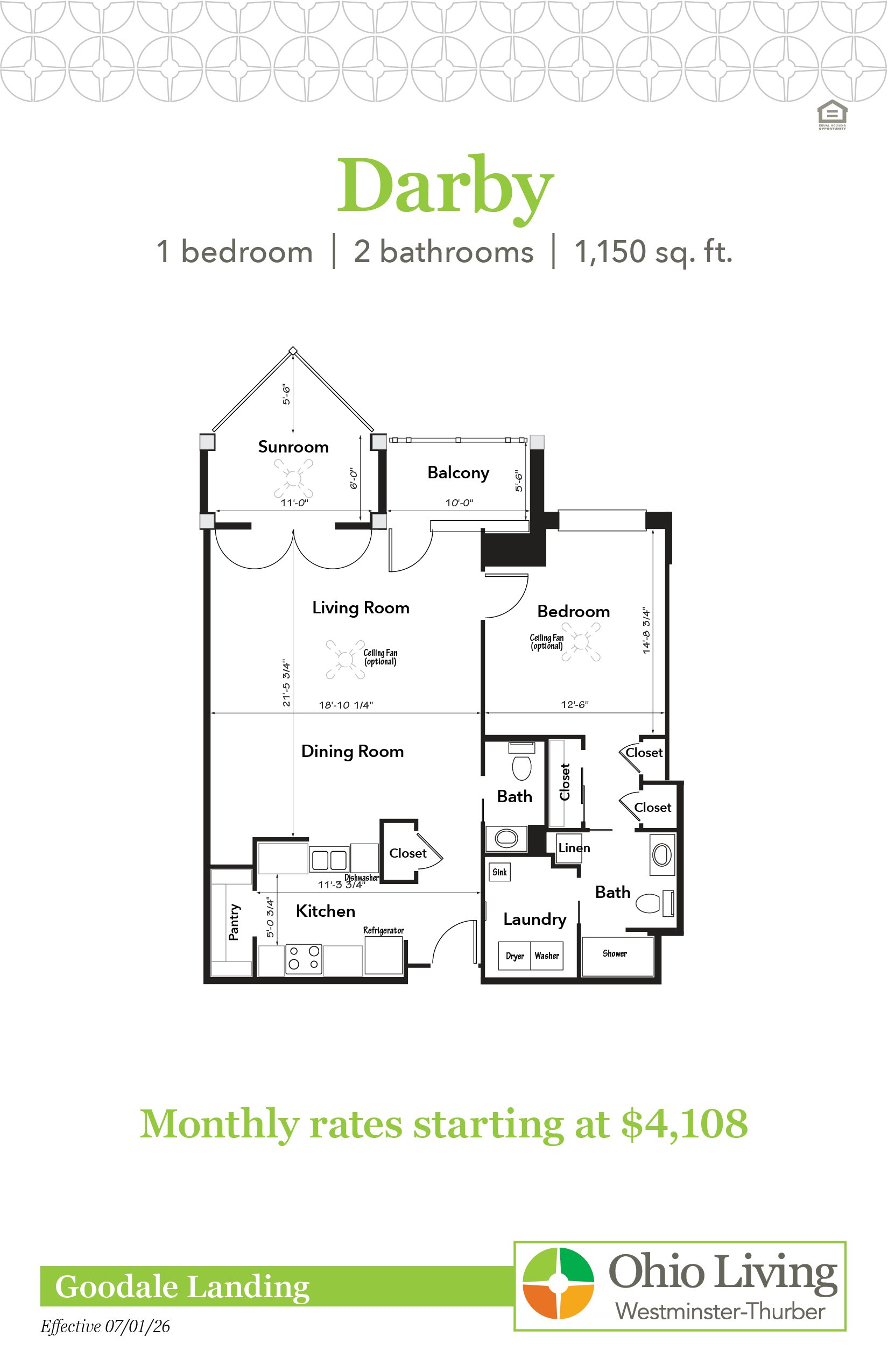 Floor plan of a 1,150 sq. ft. one‑bedroom, two‑bath apartment with living and dining rooms, kitchen, laundry, sunroom, balcony, closets, and pantry. Monthly rates start at $4,108.
