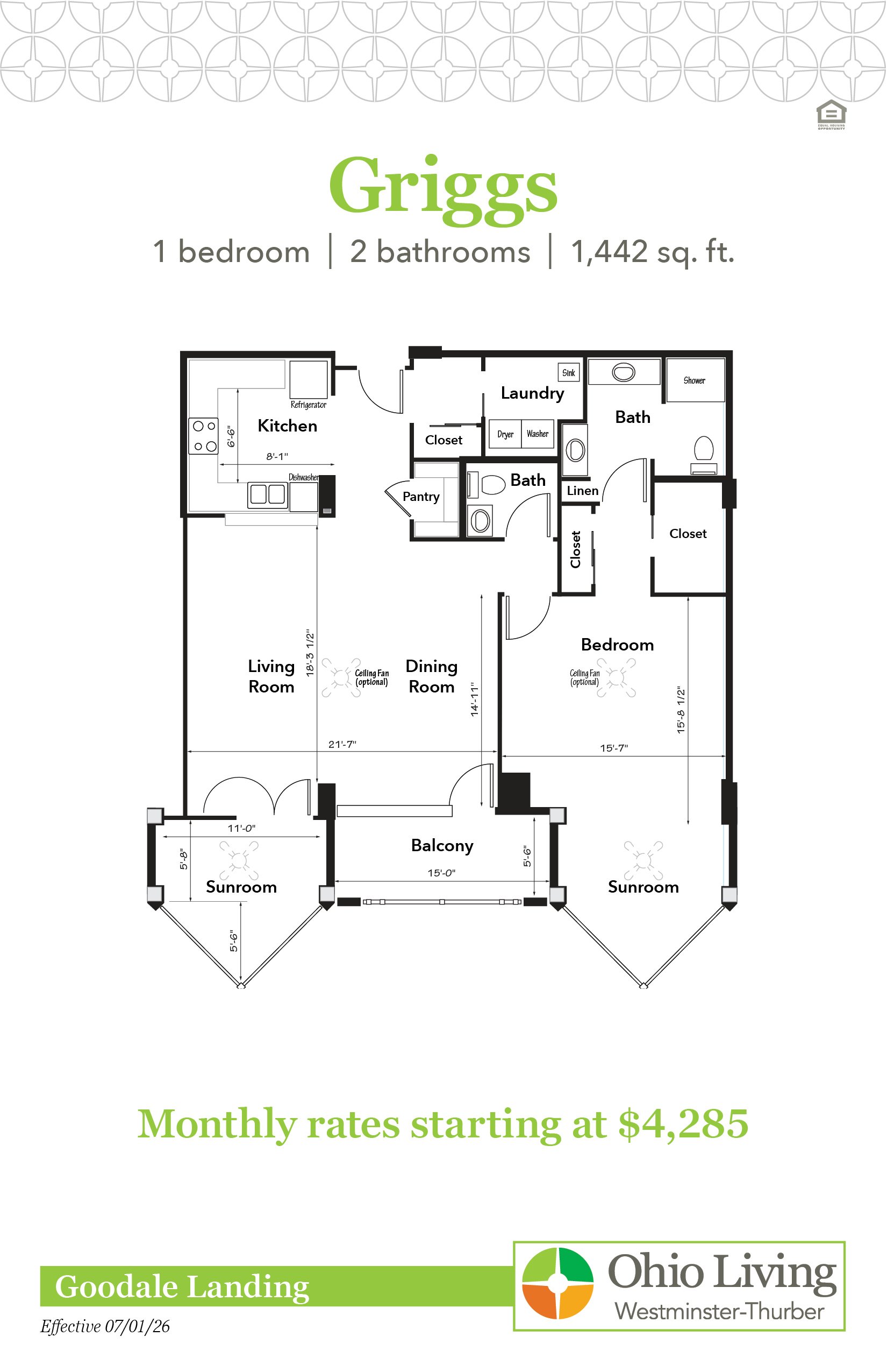 Floor plan of a 1,442 sq. ft. one‑bedroom, two‑bath apartment with living and dining rooms, kitchen, laundry, sunroom, balcony, pantry, and multiple closets. Monthly rates start at $4,285.