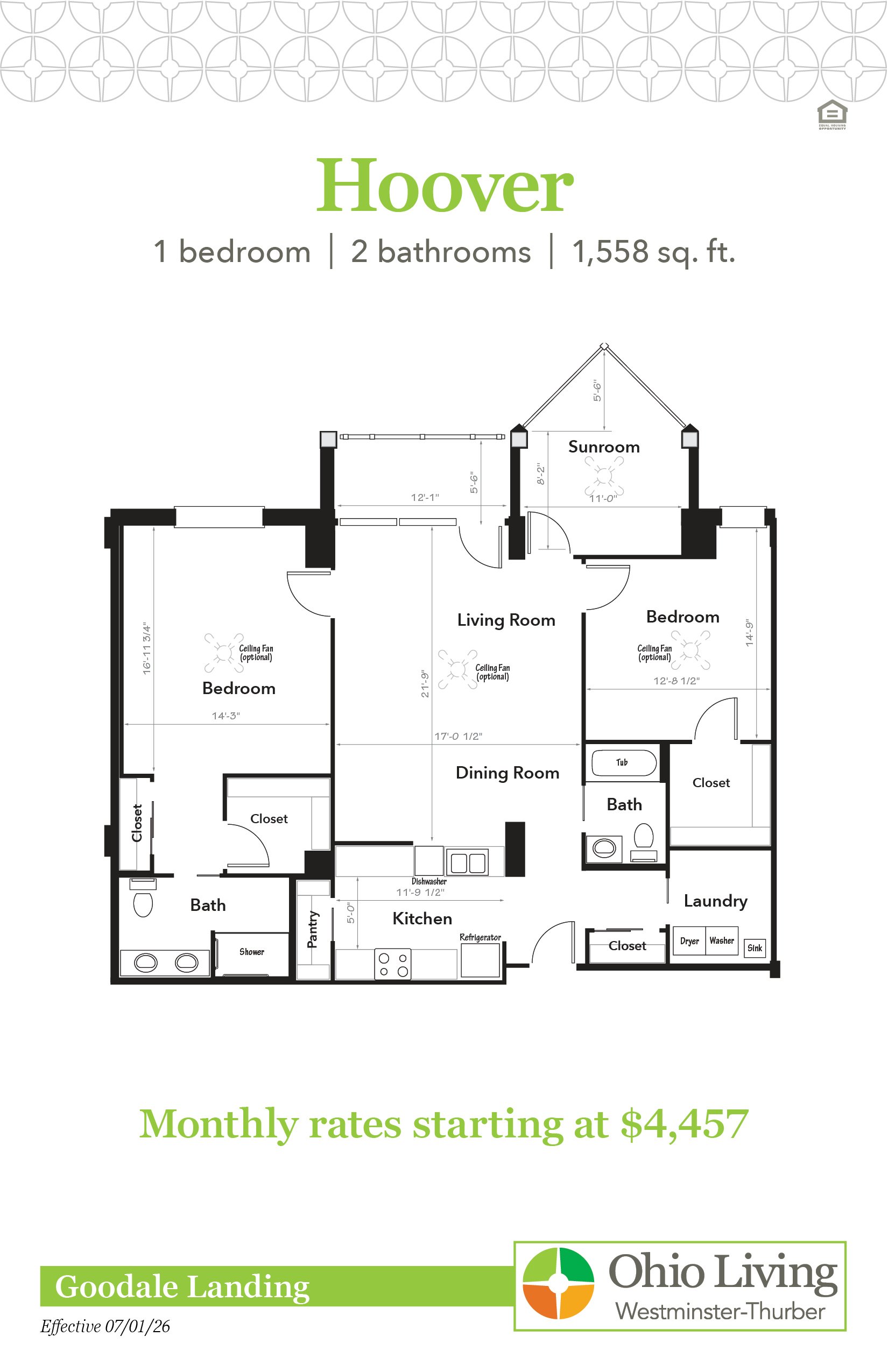 Floor plan of a 1,558 sq. ft. one‑bedroom, two‑bath apartment with living and dining rooms, kitchen, laundry, sunroom, balcony, closets, and pantry. Monthly rates start at $4,457.