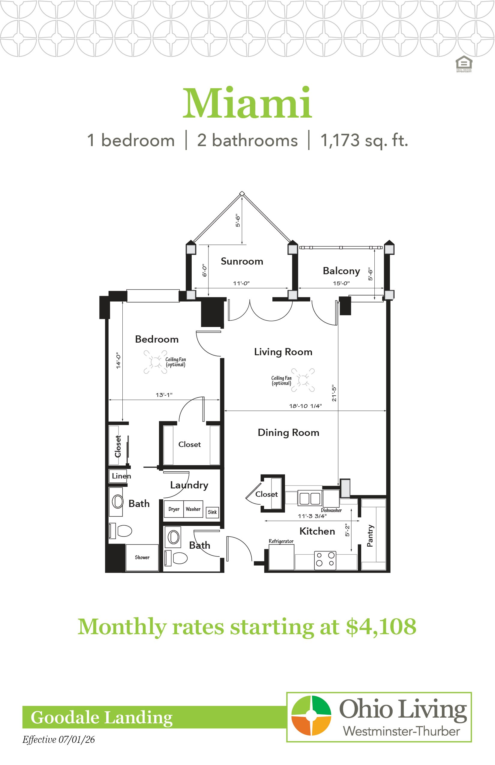 Floor plan of a 1,173 sq. ft. one‑bedroom, two‑bath apartment with living and dining rooms, kitchen, laundry, sunroom, balcony, closets, and pantry. Monthly rates start at $4,108.