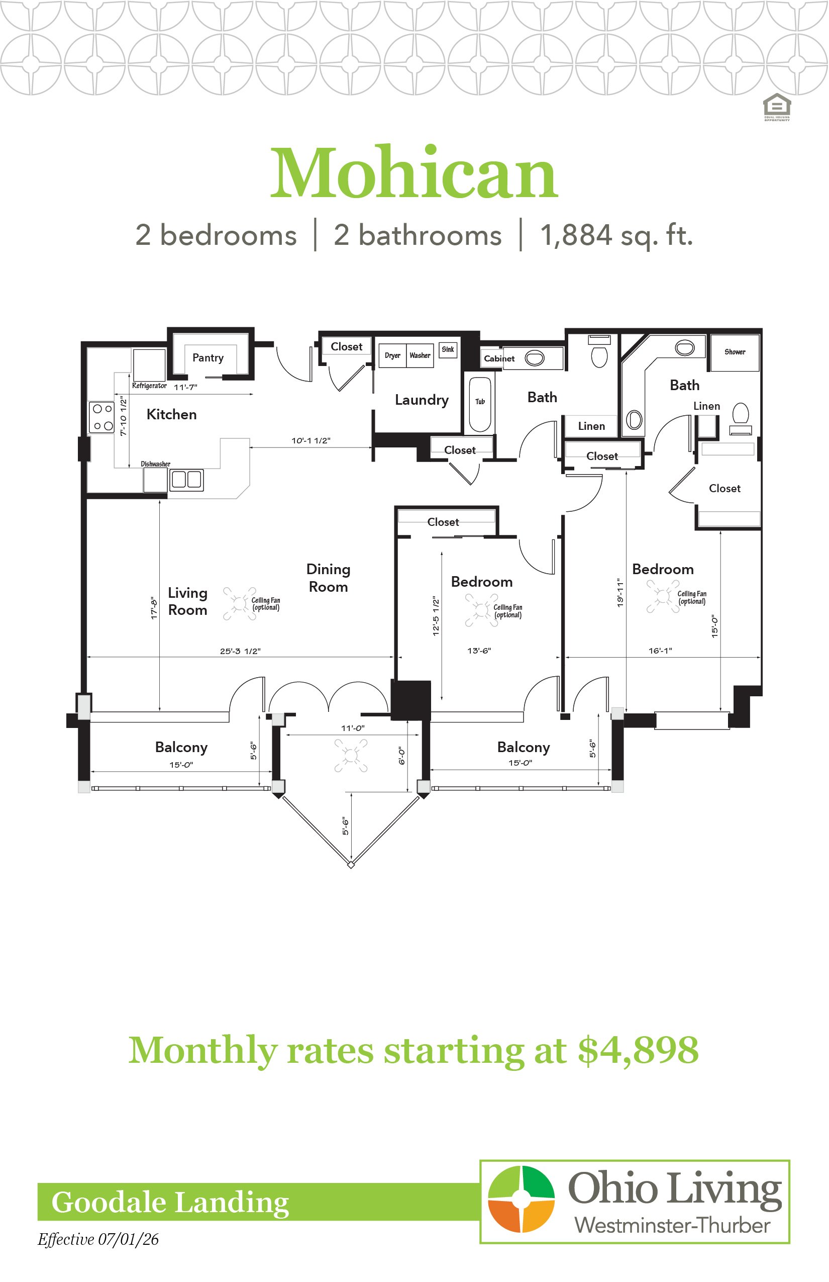 Floor plan of a 1,884 sq. ft. two‑bedroom, two‑bath apartment with living and dining rooms, kitchen, laundry, two balconies, closets, linen storage, and pantry. Monthly rates start at $4,898.