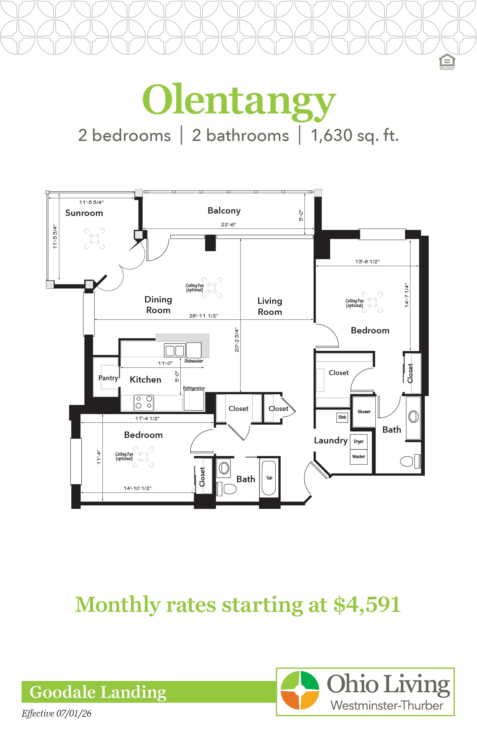 Floor plan of a 1,630 sq. ft. two‑bedroom, two‑bath apartment with living and dining rooms, kitchen, laundry, sunroom, balcony, closets, linen storage, and pantry. Monthly rates start at $4,591.