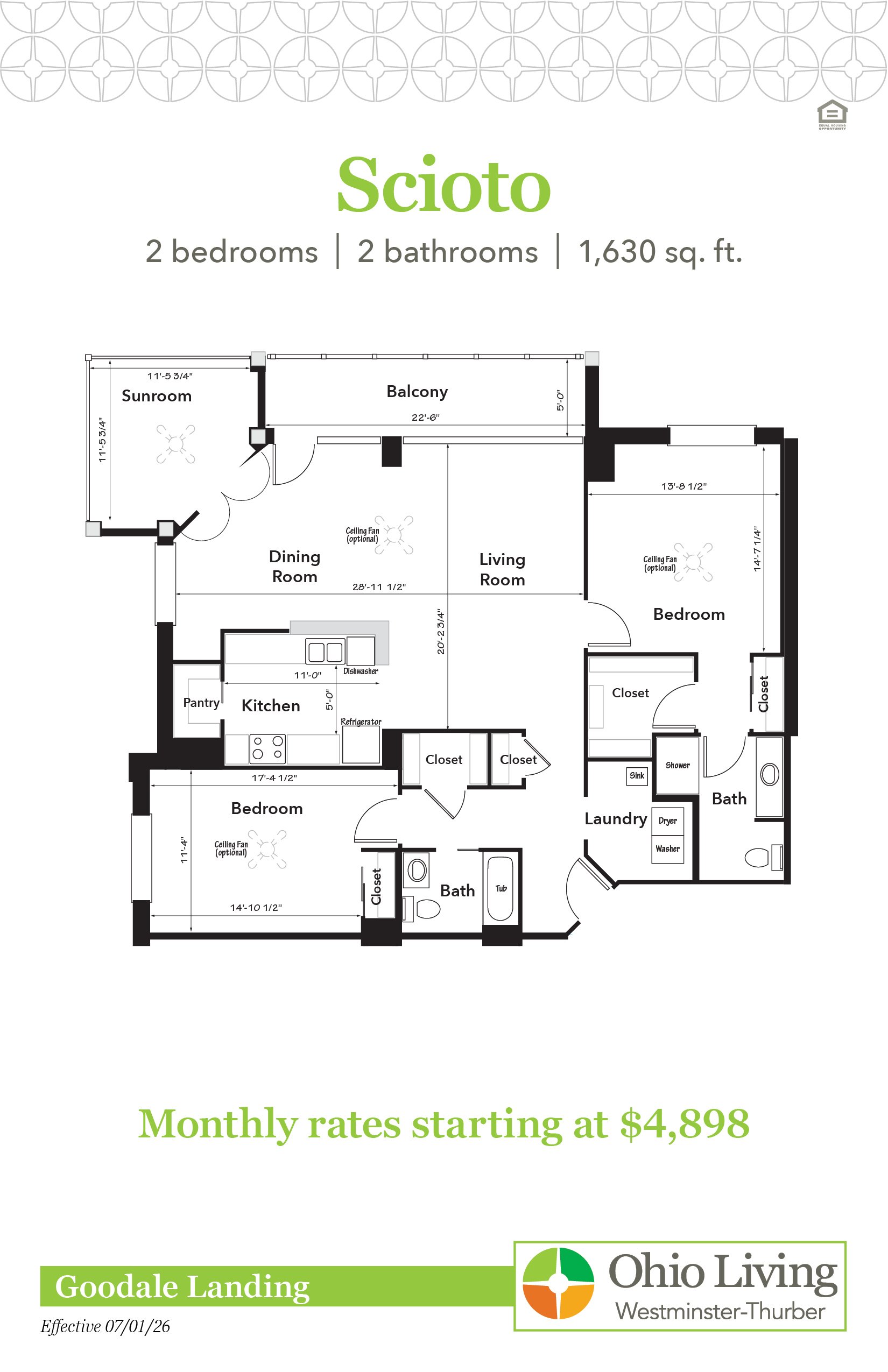 Floor plan of a 1,630 sq. ft. two‑bedroom, two‑bath apartment with living and dining rooms, kitchen, laundry, sunroom, balcony, closets, linen storage, and pantry. Monthly rates start at $4,898.