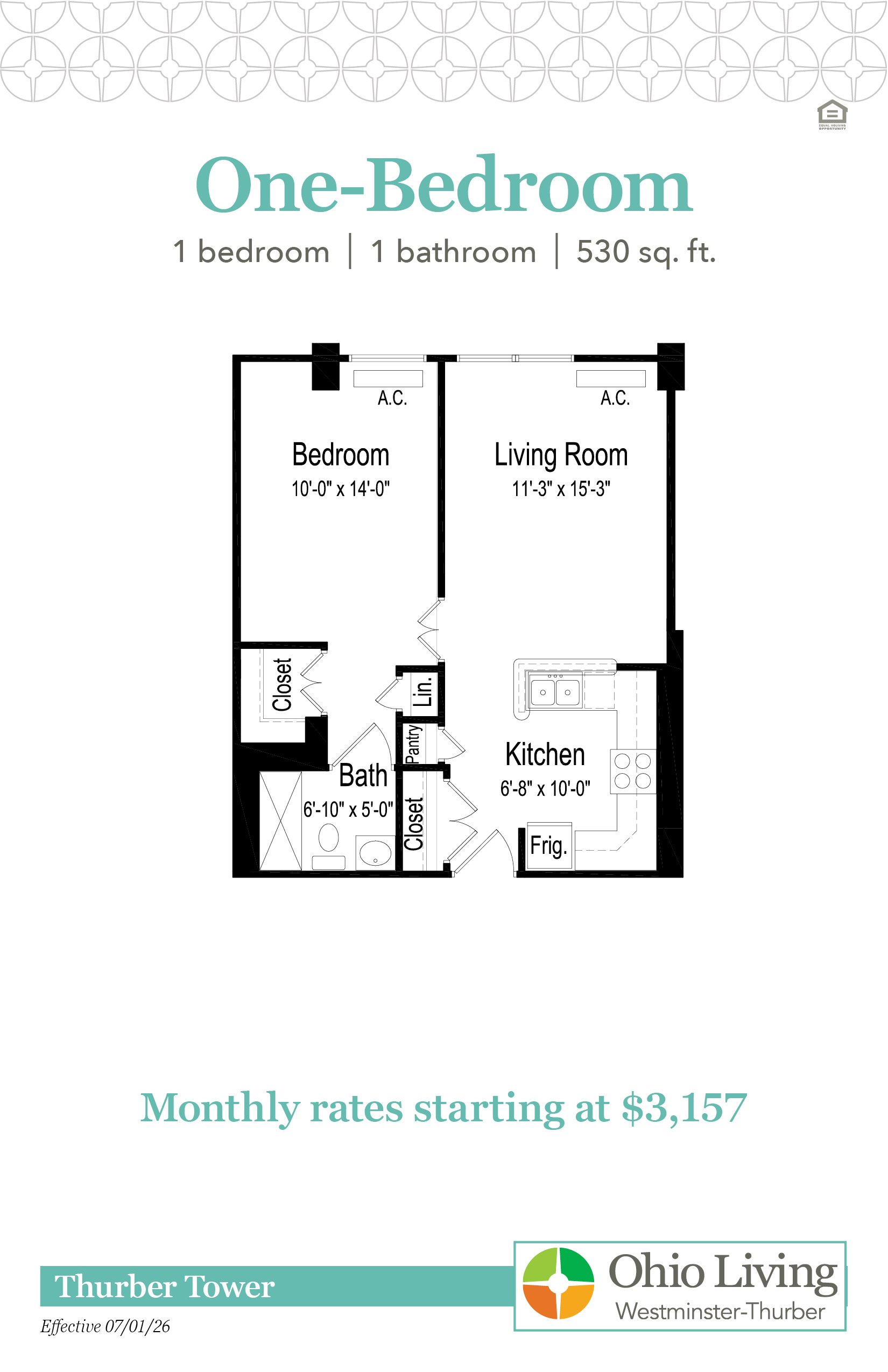 plan of a one‑bedroom, one‑bath 530 sq. ft. apartment with living room, kitchen, pantry, linen closet, and A.C. units. Monthly rates start at $3,157.