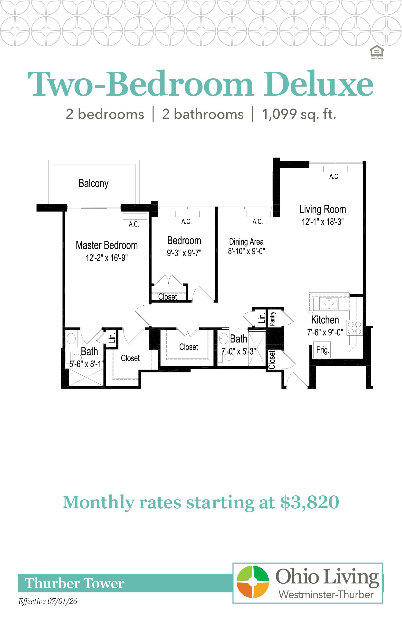 Floor plan of a two‑bedroom, two‑bath 1,099 sq. ft. apartment with living room, dining area, kitchen, pantry, closets, balcony, and A.C. units. Monthly rates start at $3,820.