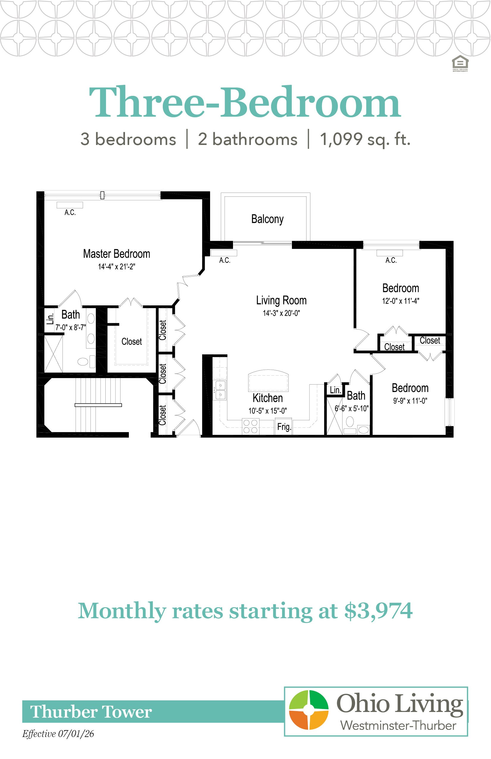Floor plan of a three‑bedroom, two‑bath 1,099 sq. ft. apartment with large living room, kitchen, multiple closets, balcony, and linen storage. Monthly rates start at $3,974.