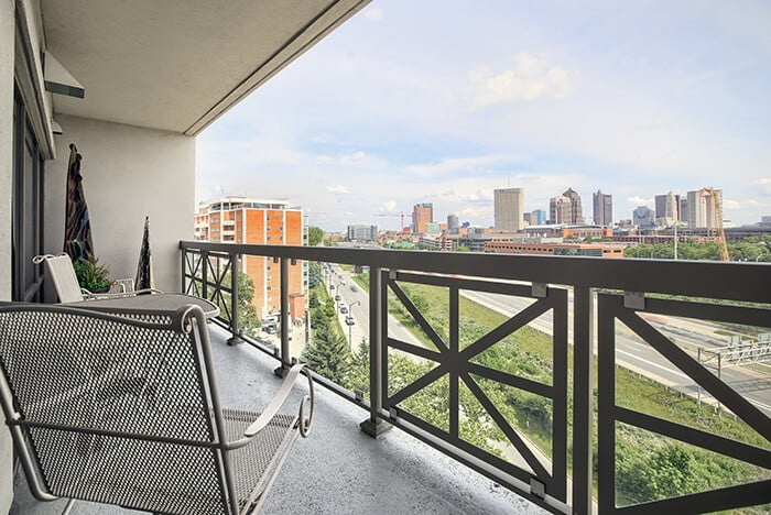 Goodale Landing balcony overlooking the downtown Columbus skyline