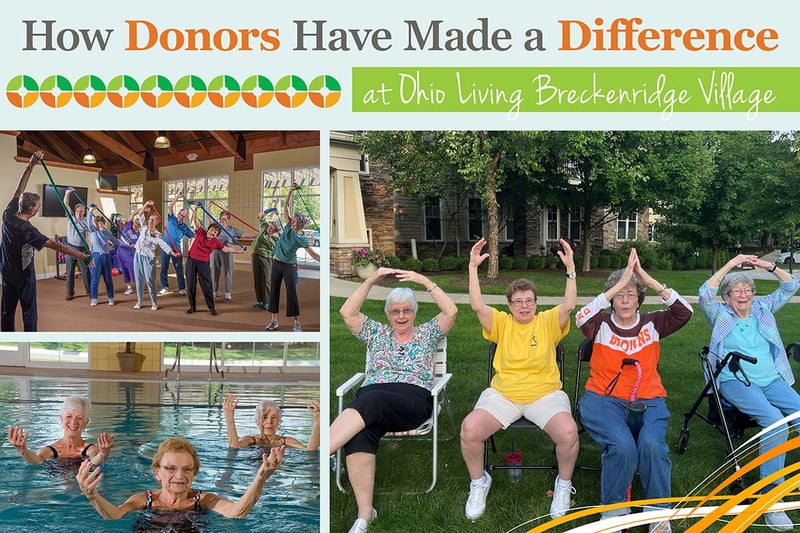 Ohio Living Breckenridge Village donor impact collage: Seniors enjoy group fitness, water exercise, and outdoor activities. Text reads “How Donors Have Made a Difference at Ohio Living Breckenridge Village,” highlighting wellness and community supported by donor contributions.