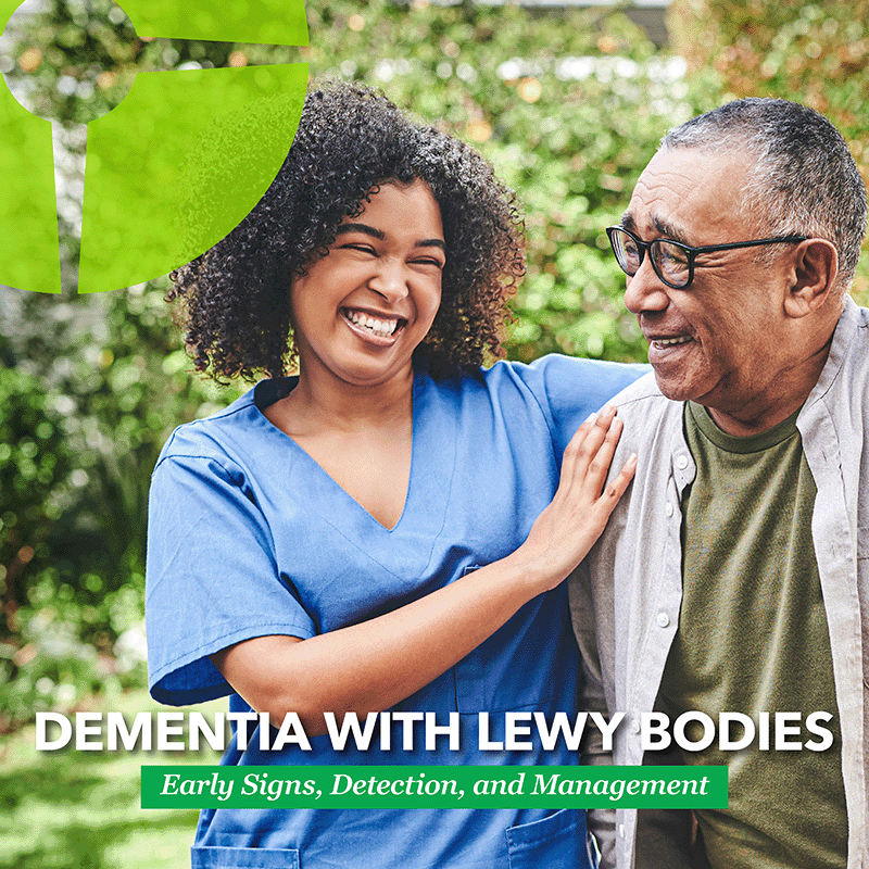 Smiling healthcare professional in blue scrubs standing beside an older man outdoors, sharing a warm moment. Graphic reads: "Dementia with Lewy Bodies: Early Signs, Detection, and Management," promoting an educational event on recognizing and managing the condition.